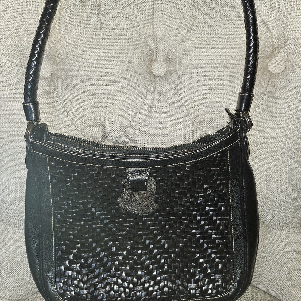 Black Woven Leather Shoulder Bag with Braided Handle